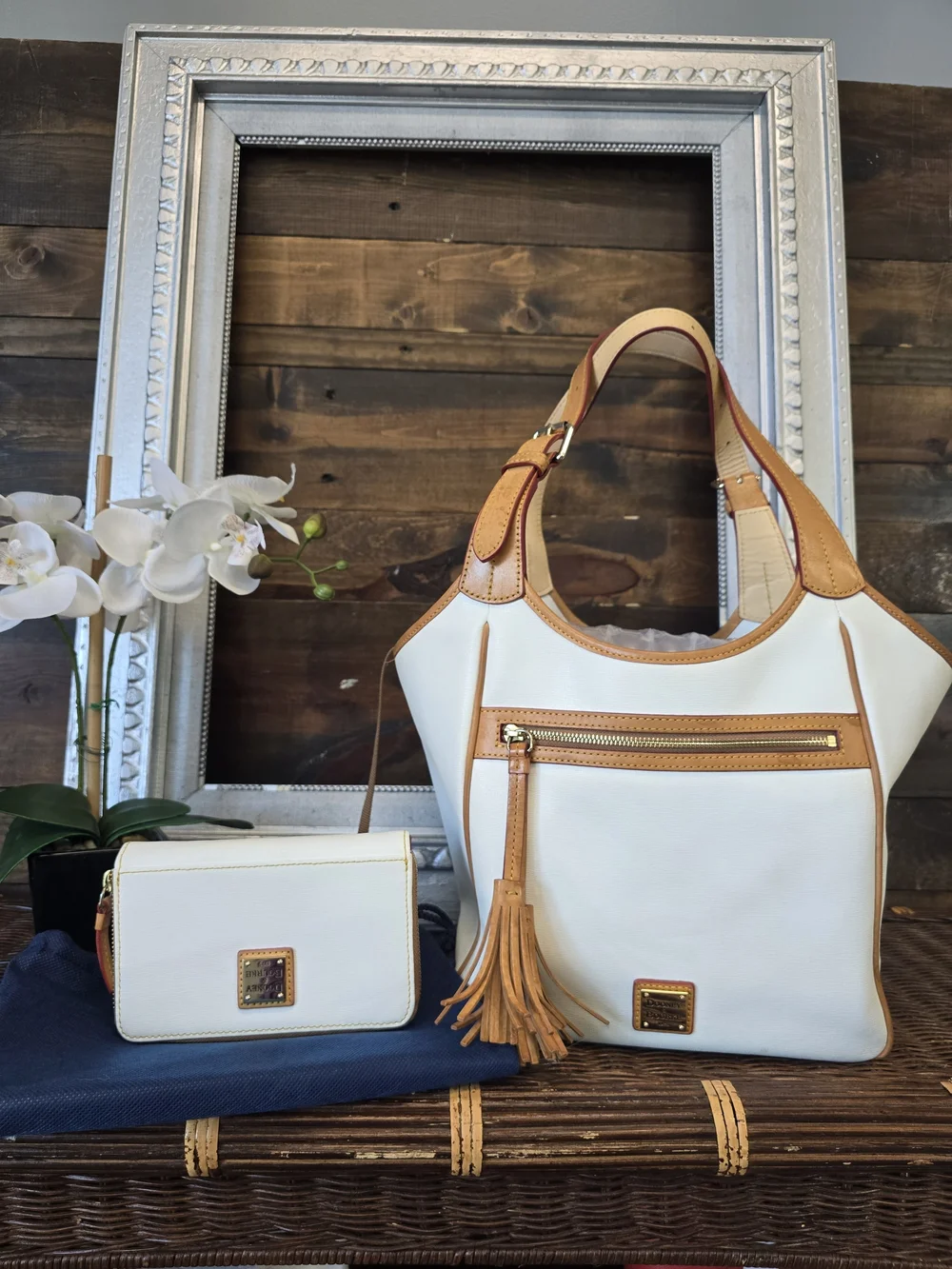 Dooney & Bourke White and Tan Leather Shoulder Tote with Tassel